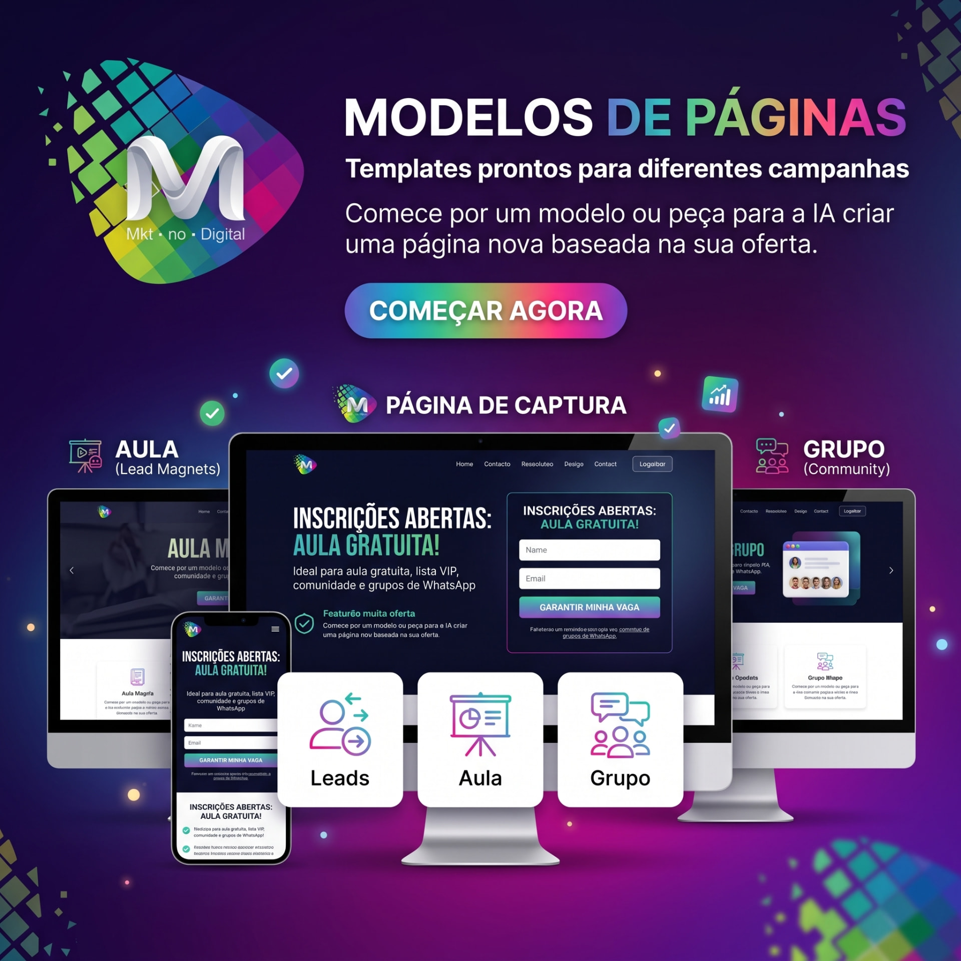 Modelo de página de captura para aula, leads e comunidade