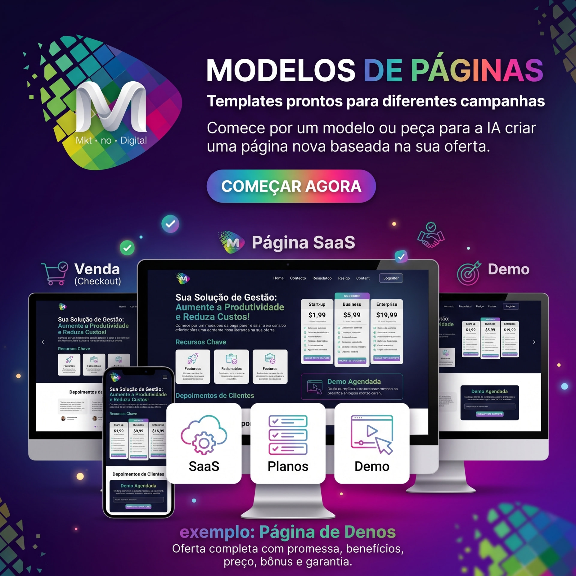 Modelo de página SaaS com planos e demonstração